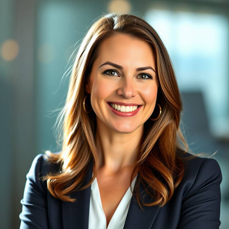 Portrait of Eleanor Vance, the CEO of Aurora Design Studio, a woman with a warm smile and professional attire.