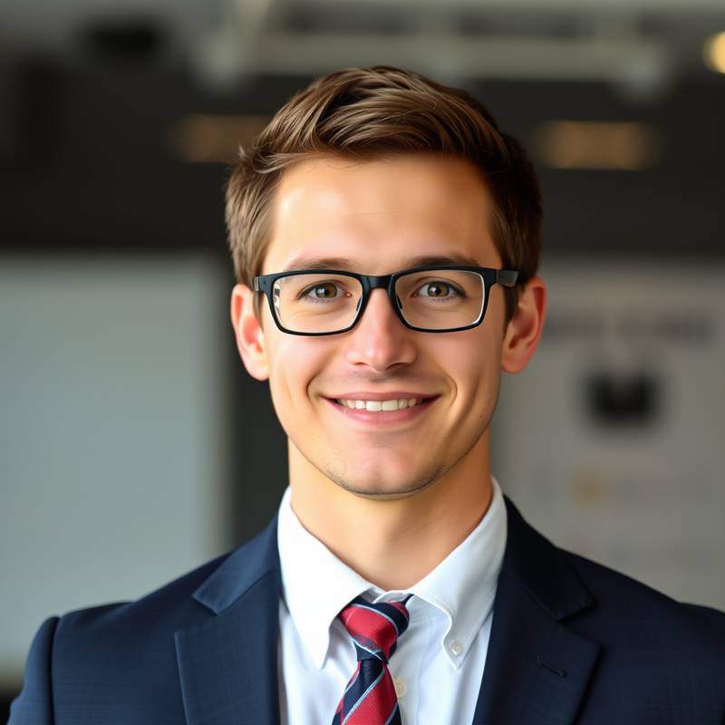 Portrait of Ethan Brown, the Digital Marketing Manager of Aurora Design Studio, a man with a professional demeanor and analytical expression.