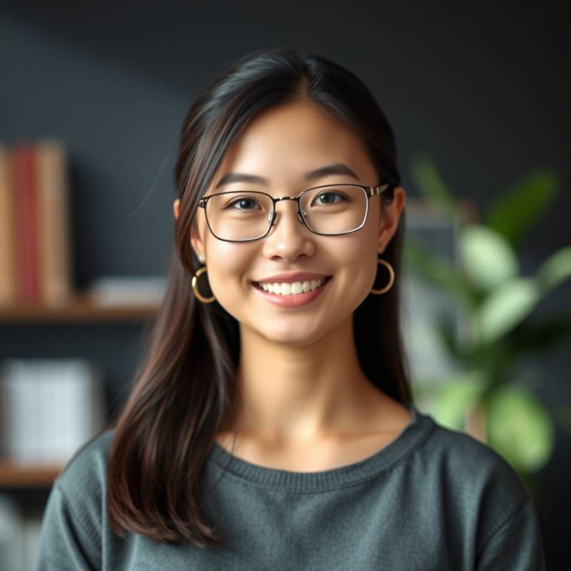 Portrait of Sophia Lee, the Lead Developer of Aurora Design Studio, a woman with a friendly smile and focused gaze.