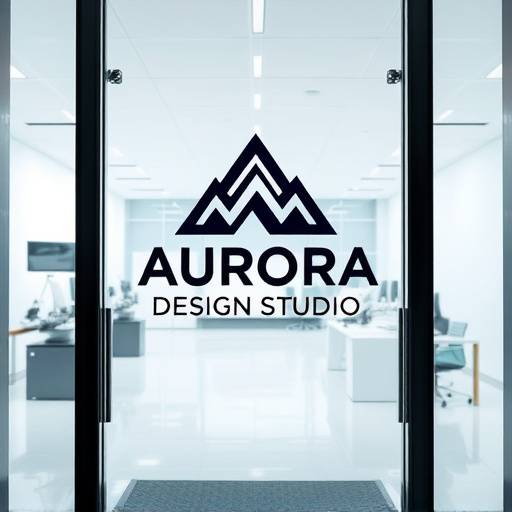 The modern glass entrance to Aurora Design Studio, showcasing the company logo and a glimpse of the creative workspace inside.